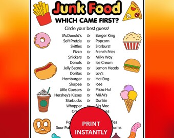 Junk Food Which Came First Party Game Instant Download, Printable Food Quiz For Kids & Adults, Icebreaker Trivia, Seniors Activity