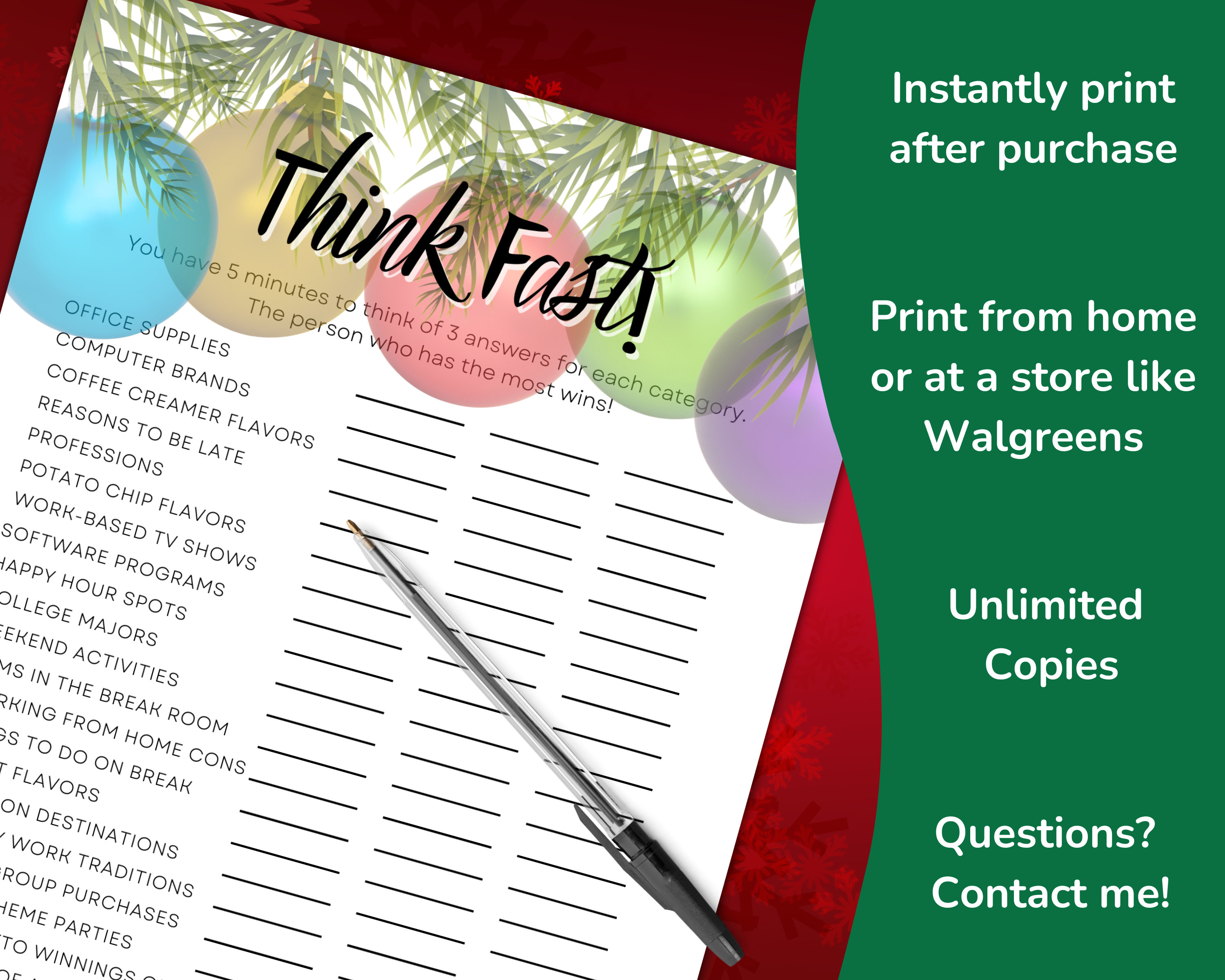 Christmas Holiday Office Party Work Think Fast Game, Team Building Game ...