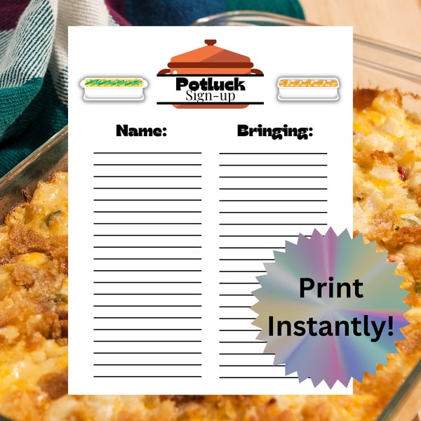 Printable Potluck Signup sheet, Office Party Potluck, Church Potluck, Family Reunion Potluck, Party Signup Sheet, PDF Printable Potluck