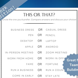 Work Party Games, This or That Game, Office Party Games, Printable Office Games, Get to know your Co Workers, Team Building Idea, Work Game