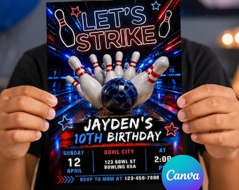Editable Boy's Bowling Birthday Party Invitation Template, Canva 5x7
