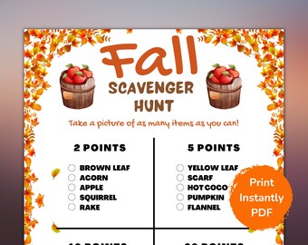 Printable Fall Scavenger Hunt Game, Autumn Activity for Kids, Instant Download, Fall Party Game, Family Outing Fall Fun, Back To School