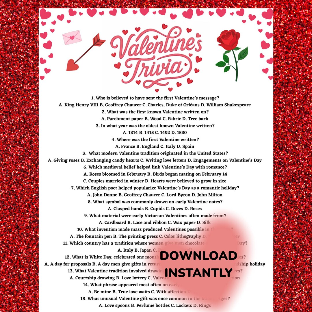 Valentine Trivia Game for Kids & Adults Instant Download, Printable ...