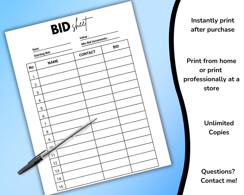 Editable Silent Auction Bid Sheet, Printable Bid Sheet Template, Silent ...