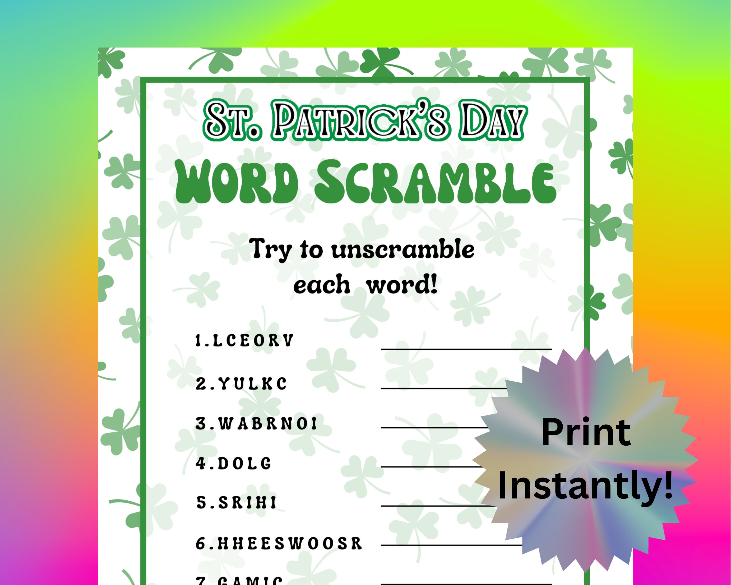 Printable St. Patrick's Day Party Word Scramble Game for Kids
