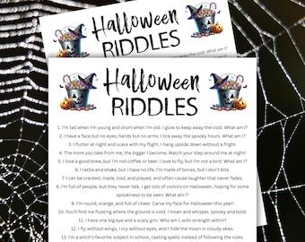 Zagadki na Halloween dla dzieci i dorosłych do pobrania natychmiast, gra na imprezę halloweenową do druku, dowcipy na Halloween, zagadka na Halloween – ten plik PDF