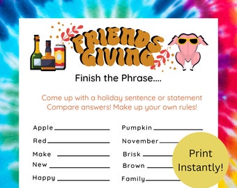 Friendsgiving Finish The Phrase Game, Dinner Party Activity, Friendsgiving Idea, Printable Thanksgiving Games for Friends, Friendsgiving PDF