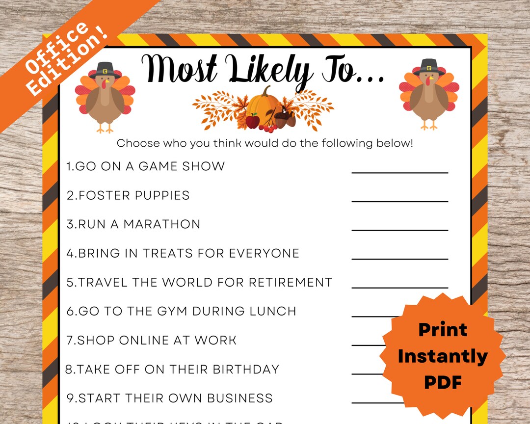 Thanksgiving Most Likely to Game, Thanksgiving Office Party Work Game ...