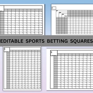 May include: Four printable sports betting squares templates with a light blue background. Each template features a grid of numbered squares, with a section for the price per square. The text "EDITABLE SPORTS BETTING SQUARES" is displayed in a gray banner.