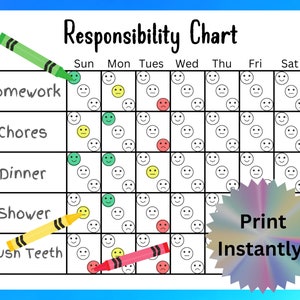 Printable Responsibility Chart for Kids, Home Chore Chart, Daily Task Chart, Weekly & Weekdays, Printable PDF Behavior Management