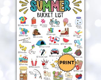 Summer Bucket List For Kids, Printable Summer Activity Checklist, Summer Break Ideas, Bordom Busters