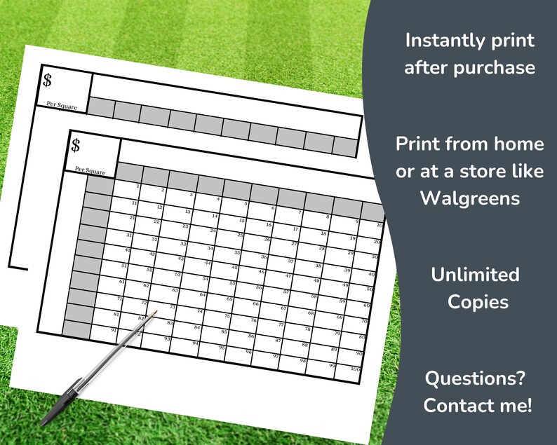 Super Bowl Printable Large Print Betting Squares, 100 Blank & Numbered
