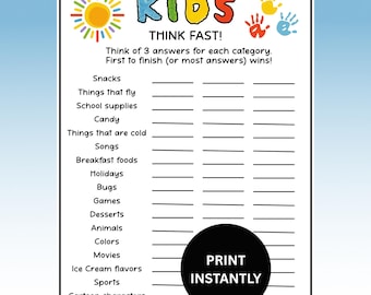 Kids Think Fast Game Instant Download, Printable Classroom Party Game, Sleepover, Icebreaker Trivia, Birthday Activity