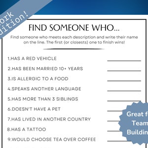 Find Someone Who Work Game, Team Building Game, Printable Office Game, Get to know your Coworkers, New Hire Orientation, Office Party Idea