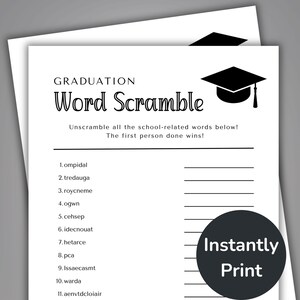 Graduation Word Scramble, Printable Graduate Party Games, College Grad Party Game, High School Graduation Printable Games, PDF Download