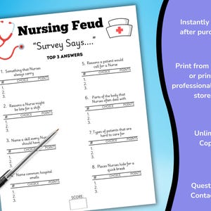 Peut inclure: Un jeu de questions-r&eacute;ponses sur le th&egrave;me des infirmi&egrave;res, intitul&eacute; "Survey Says..." et comprenant une liste de questions &agrave; r&eacute;pondre. Le jeu inclut une feuille de score et un dessin de chapeau d'infirmi&egrave;re rouge et blanc.