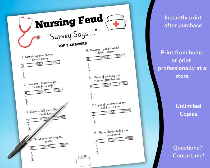 Peut inclure: Un jeu de questions-r&eacute;ponses sur le th&egrave;me des infirmi&egrave;res, intitul&eacute; "Survey Says..." et comprenant une liste de questions &agrave; r&eacute;pondre. Le jeu inclut une feuille de score et un dessin de chapeau d'infirmi&egrave;re rouge et blanc.
