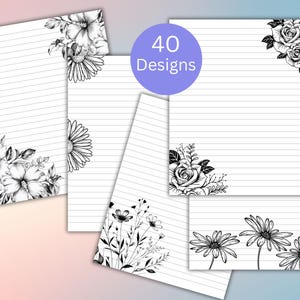 Papel floral rayado en blanco y negro imprimible, papel de papelería con descarga digital, papel para diario, cuaderno, papel para escribir cartas, 40 páginas