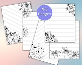 Printable Black & White Lined Floral Paper, Digital Download Stationary Paper, Journal Paper, Notebook Paper, Letter Writing Paper, 40 Pages