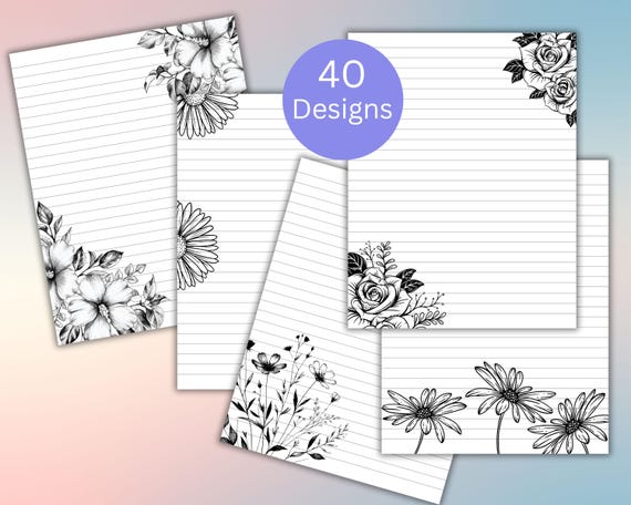 Printable Black & White Lined Floral Paper, Digital Download Stationary Paper, Journal Paper, Notebook Paper, Letter Writing Paper, 40 Pages