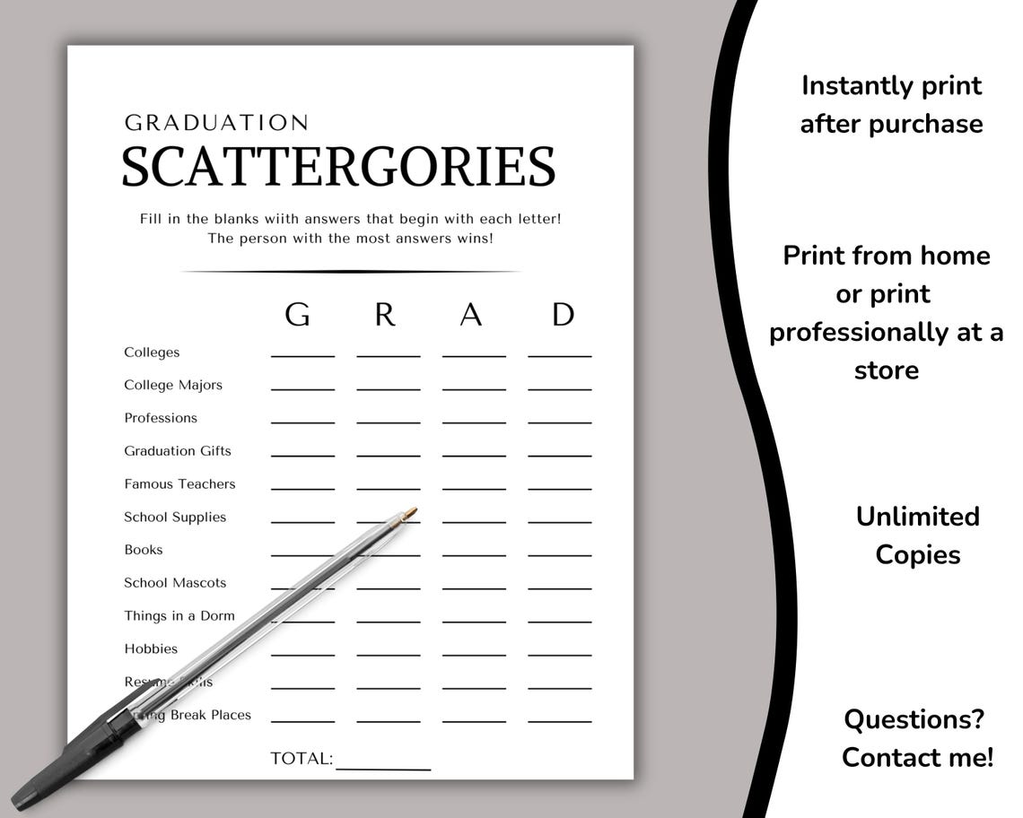 Graduation Party Scattergories Game, Printable Grad Game, High School ...