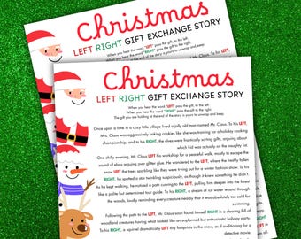 May include: Two printed sheets with the title "Christmas Left Right Gift Exchange Story" in red script. Santa Claus and reindeer illustrations are on the left side. The text describes a holiday game.