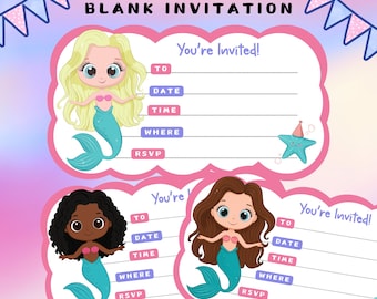 Mermaid Blank Write On Fill In Invitation For Girls Instant Download, Printable Party Invite, Birthday, Sleepover, Pool Party