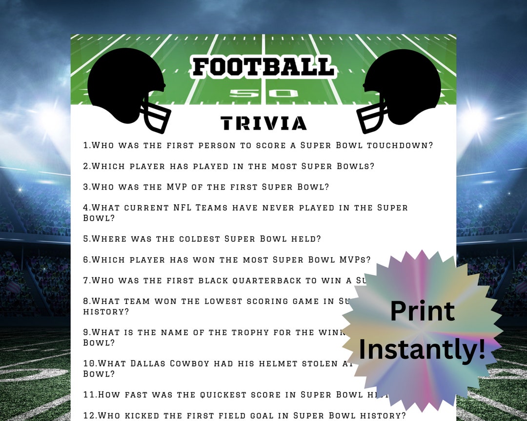 Printable Football Trivia Game, Football Party Activity, Game Day Party Ideas, Football Quiz for