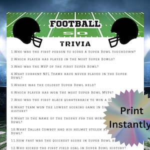 Printable Football Trivia Game, Football Party Activity, Game day Party Ideas, Football Quiz for Kids and Adults, Super Football Bowl, PDF