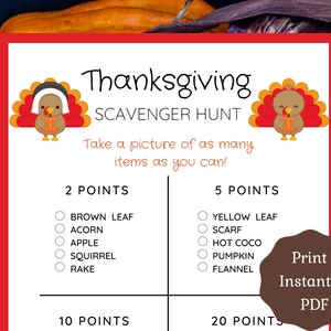 Thanksgiving printable game, Thanksgiving Scavenger Hunt, Treasure Hunt, Family Activity, Game for Kids and adults, PDF, Turkey Day Ideas