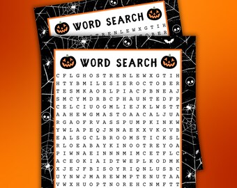 May include: Two Halloween-themed word search puzzles. The top puzzle has a pumpkin graphic and the words "WORD SEARCH". The bottom puzzle has a larger word search grid with Halloween-related words and a pumpkin graphic.