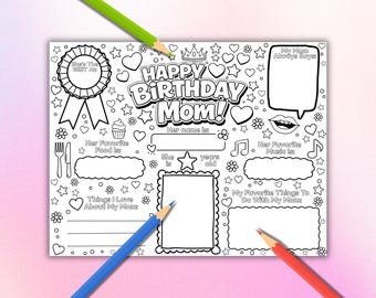 Mom's Birthday Coloring Page Keepsake Instant Download, Printable All About My Mom, Happy Birthday Mom Gift From Kids