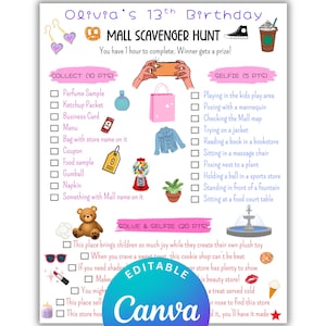 Editable Mall Scavenger Hunt for Teen Girl Birthday Party, Printable Mall Scavenger Hunt, I Spy Game for Teens, Mall Treasure Hunt Riddles