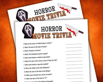 Horror Movie Trivia, Halloween Horror Movie Game, Printable Halloween Party Game, Scary Movie Trivia, Halloween Game Instant Download
