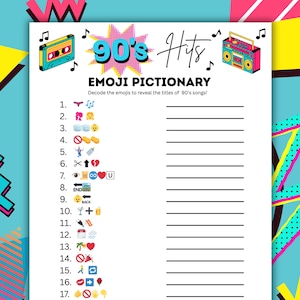 May include: A printable game sheet with a 90's theme. The sheet has a pink and white title that says "90's Hits Emoji Pictionary".  The game instructions are "Decode the emojis to reveal the titles of 90's songs!"  The sheet has a list of 17 emojis with numbers 1 through 17 next to them.