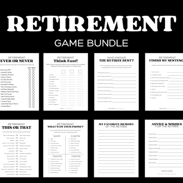 Paquete de juegos imprimibles para fiesta de jubilación, 8 divertidos juegos de jubilación (descarga instantánea en PDF), celebración de la jubilación, juegos de despedida de la oficina