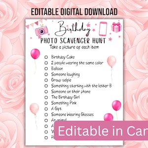 Teen Tween Editable Birthday Photo Scavenger Hunt, Pink Teen Girls Printable Birthday Game, Sleepover Birthday Game, Tween Party Game PDF