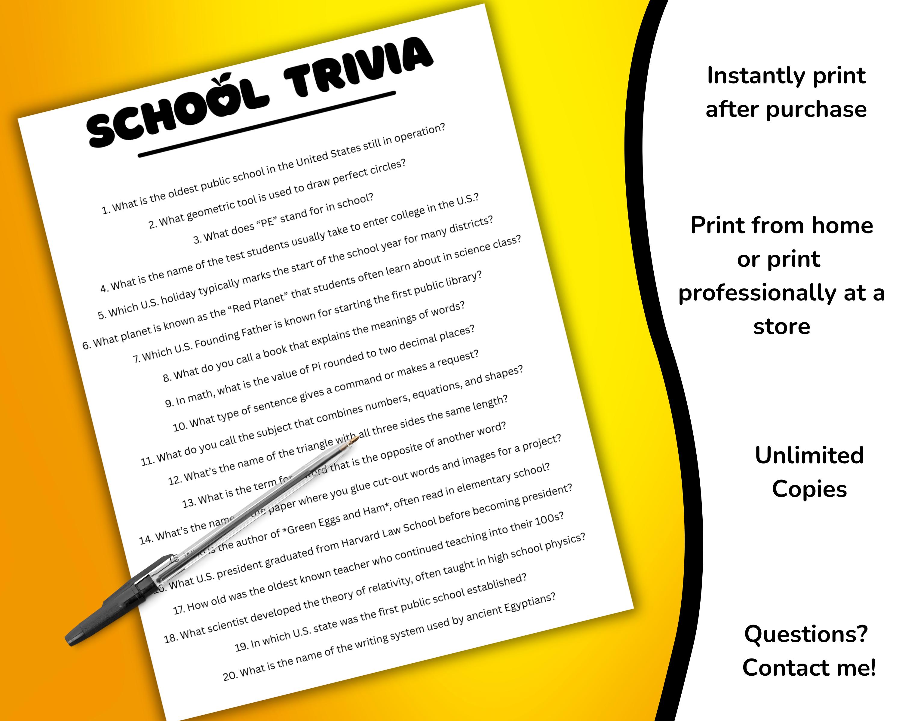 School Trivia Game, Printable Quiz for Kids and Teachers, Classroom ...
