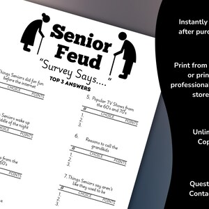 May include: A black and white printable game sheet titled "Senior Feud" with fill-in-the-blank survey questions. The sheet includes illustrations of seniors with canes and the text "Survey Says..." and "Top 3 Answers".