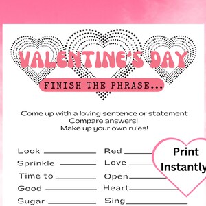 Printable Valentine&#39;s Day Finish The Phrase Game for Kids & Adults, Valentine&#39;s Party Activity, Galentine&#39;s Game, Student Classroom Activity