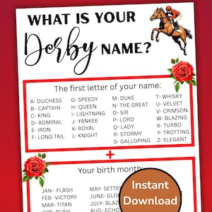 Peut inclure: Une affiche imprimable blanche avec le texte "WHAT IS YOUR Derby NAME ?" présente une illustration de cheval et de cavalier, des roses rouges et des listes de combinaisons de noms et de mois de naissance. Comprend le texte "Téléchargement instantané".