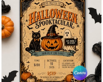 Editable Vintage Halloween Party Invitation, Printable Instant Download, Ghost Pumpkin Cat
