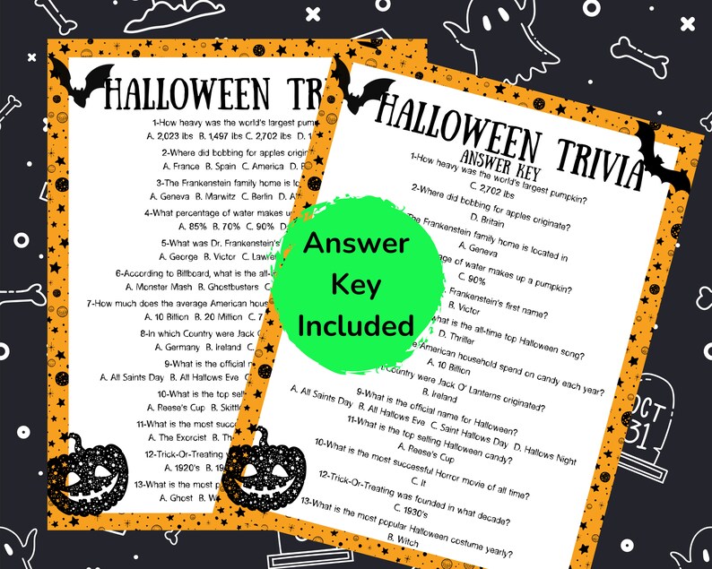 Op de afbeelding: Twee Halloween trivia-bladen met een zwart-oranje rand, vleermuizen en pompoenen. De tekst bevat trivia vragen en antwoorden, met een groene cirkel met de tekst "Antwoordsleutel inbegrepen". De achtergrond is zwart met witte vormen.