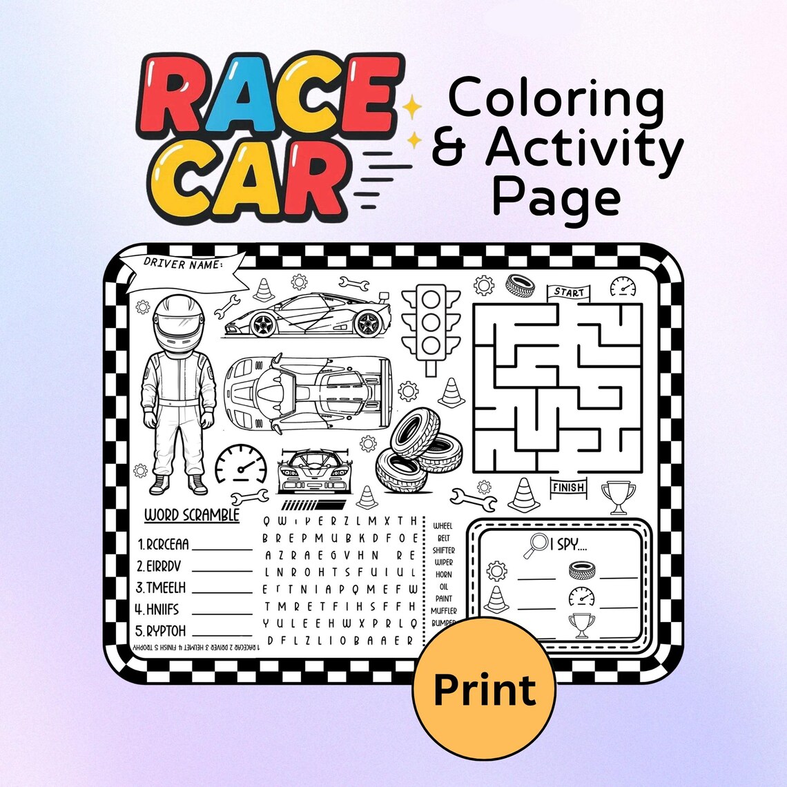 Family Worksheet Racing Race Car Coloring & Activity Page for Boys, Printable Birthday Activity ...