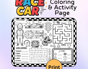 Race Car Coloring & Activity Page For Boys, Printable Birthday Activity worksheet, Racing Coloring Placemat, Racing Theme Games