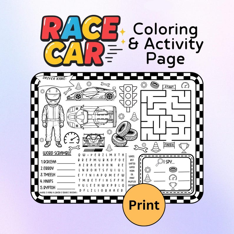 Kids Racing Worksheet Race Car Coloring & Activity Page for Boys, Printable Birthday Activity ...
