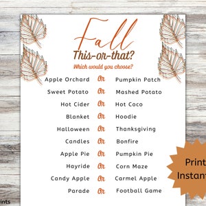 Fall This Or That Game, Printable Fall Activity, Classroom Game, Back To School, Autumn Would You Rather, Game for Kids, Instant Download