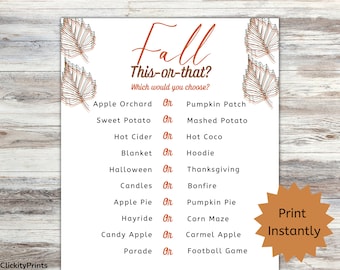 Fall This Or That Game, Printable Fall Activity, Classroom Game, Back To School, Autumn Would You Rather, Game for Kids, Instant Download