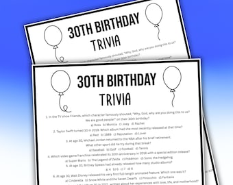Juego de trivia para 30 cumpleaños (descarga instantánea), cuestionario imprimible, actividad para fiesta de cumpleaños, juego para celebrar un cumpleaños importante, Dirty 30