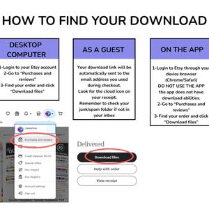 May include: A white graphic with instructions on how to download files from Etsy. The text includes steps for desktop, guest, and app users, with screenshots and highlighted sections like "Purchases and reviews" and "Download files."